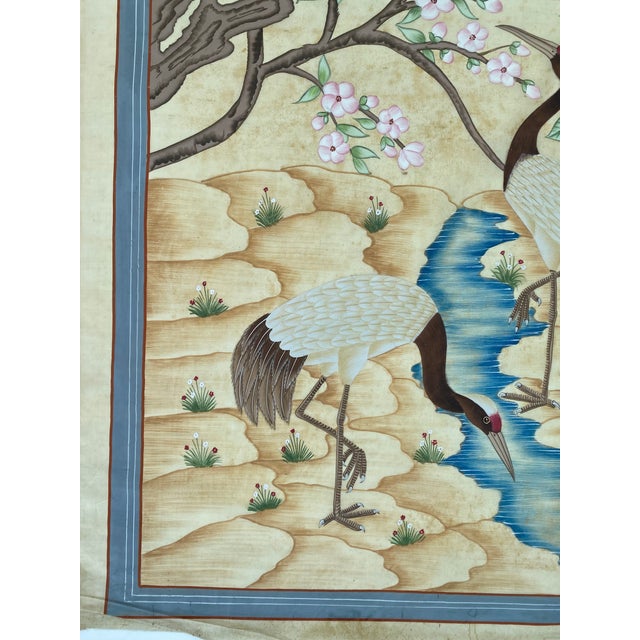 1990s Blossoms and Cranes in Harmony Gouache Painting on Old Silk"32x44 Inches " For Sale - Image 9 of 10