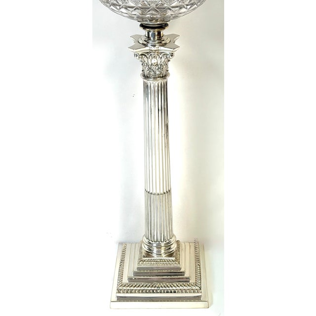 19th Century Victorian Sheffield Plate Corinthian Column Lamp Cut Crystal Font, Hinks & Co. For Sale - Image 11 of 18