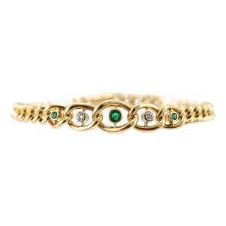 Vintage 18k Yellow Gold Emerald Diamond Graduated Articulated Curb Link Bracelet For Sale