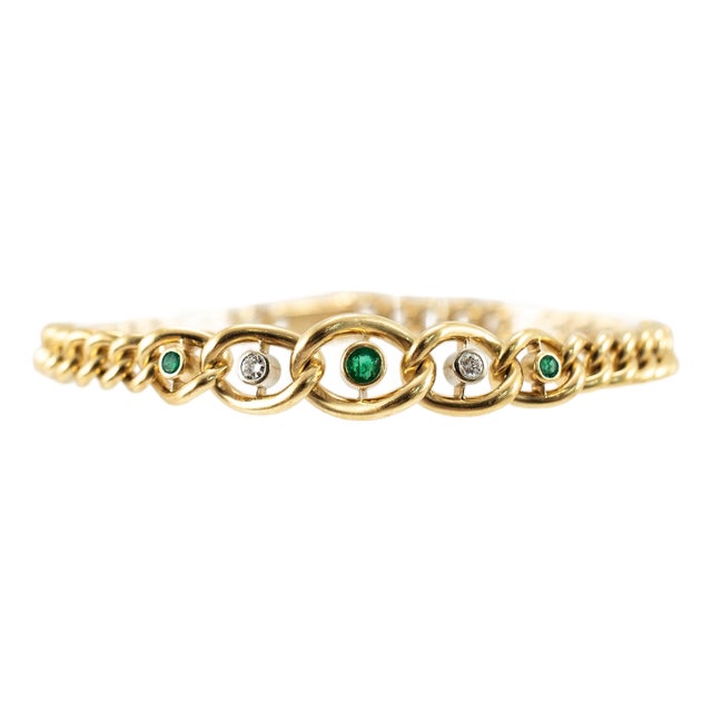 Vintage 18k Yellow Gold Emerald Diamond Graduated Articulated Curb Link Bracelet For Sale