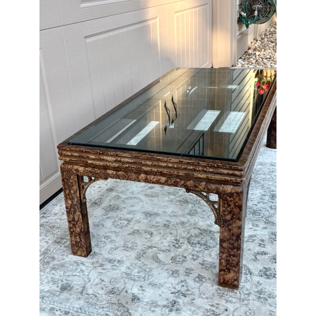 Vintage Burl Finish Chinoiserie Coffee Table With Glass For Sale - Image 4 of 12