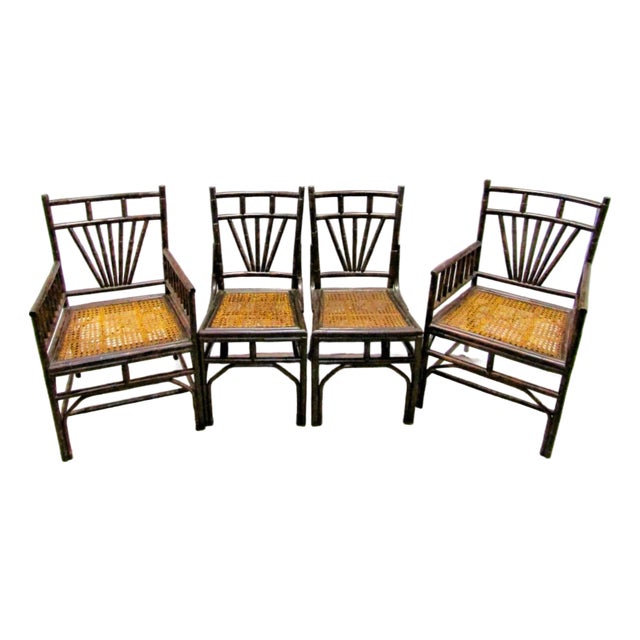 1950s Burnt Bamboo Cane Seat Dining Chairs- Set of 4 For Sale