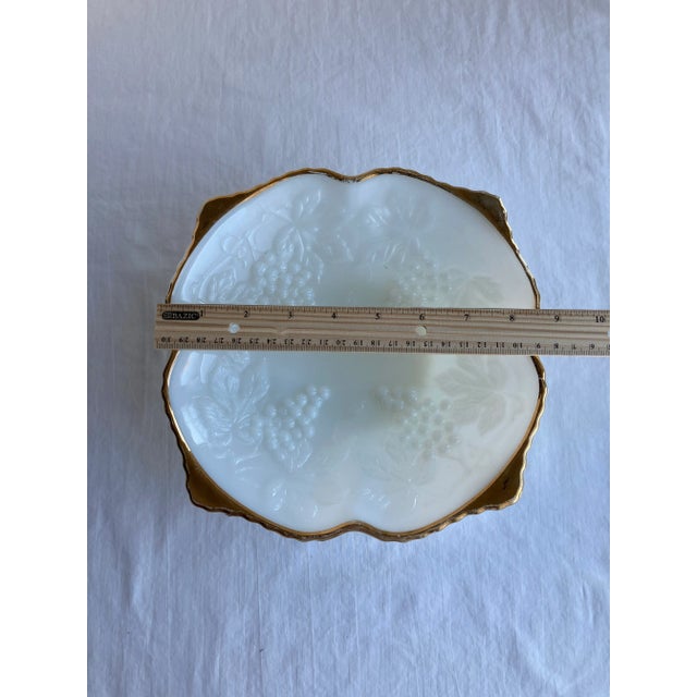 Glass Vintage Anchor Hocking White Milk Glass Grapevine Fruit Bowl Dish with Gold Trim For Sale - Image 7 of 10