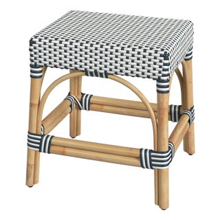 Robias 18 in. Seat Height Rectangular Rattan Low Dining Stool, White/Navy Stripe/ Natural Rattan Frame For Sale