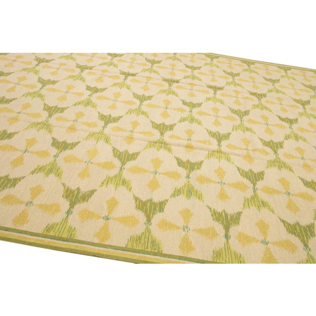1990s Vintage Portuguese Arraiolos Needlepoint Allover Pattern Green Wool Rug For Sale - Image 5 of 10