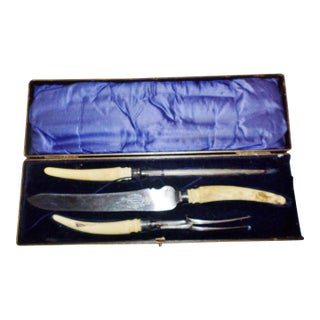 Antique English Victorian Robert Mosley Cutler & Silversmith 3 Piece Bone Carving Set For Sale