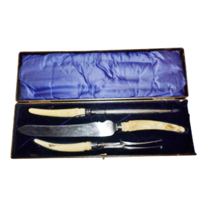 Antique English Victorian Robert Mosley Cutler & Silversmith 3 Piece Bone Carving Set