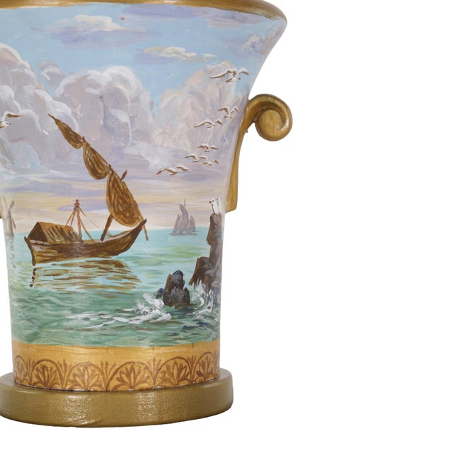 Vintage Hand-Painted Nautical-Themed Wooden Urn-Shaped Table Lamps - Pair For Sale - Image 10 of 12