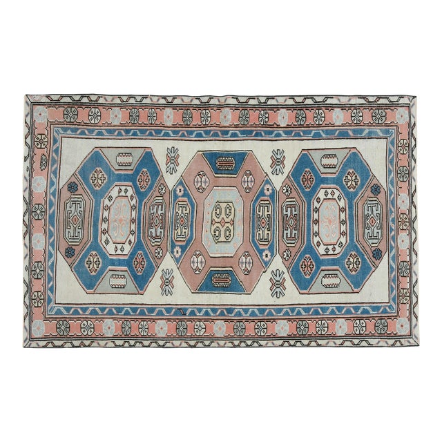 1970s Vintage Turkish Handmade Wool & Cotton Beige Area Rug For Sale