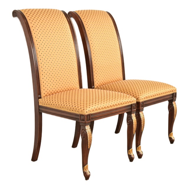 Baker Furniture Style Regency Carved Mahogany and Gold Gilt Side Chairs or Dining Chairs, Pair For Sale