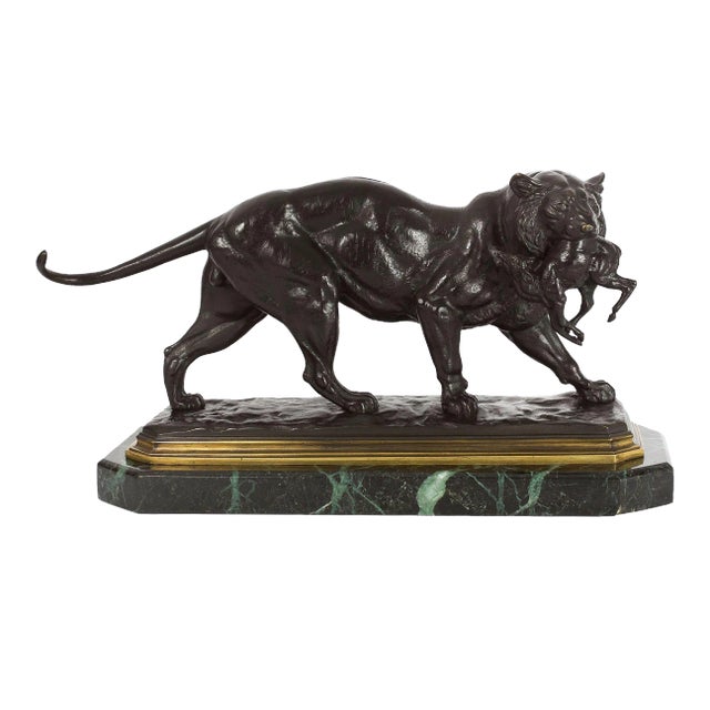 French Antique Bronze Sculpture of Tiger Carrying Gazelle by Paul-Édouard Delabrierre For Sale