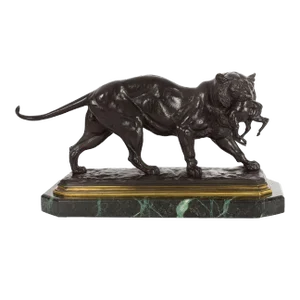French Antique Bronze Sculpture of Tiger Carrying Gazelle by Paul-Édouard Delabrierre