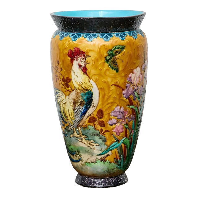 French Majolica Vase With Rooster, Irises, and Butterfly, Circa 1900 For Sale