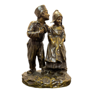 Antique 1900s Joseph D’Aste Bronze Dutch Boy & Girl Couple D’enfants Hollandais