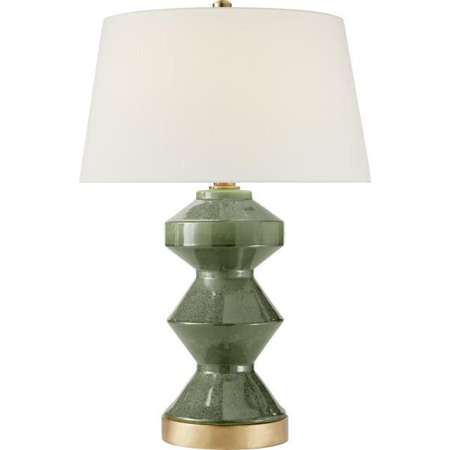 Modern Chapman & Myers by Visual Comfort Signature Weller Zig-Zag Table Lamp in Shellish Kiwi with Linen Shade For Sale - Image 3 of 3