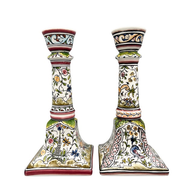 Pair of Hand-Painted Portuguese Faience Candlesticks by C. Melo With Birds, Dog, Castle & Deer – Folk Art / European Traditional For Sale - Image 10 of 18