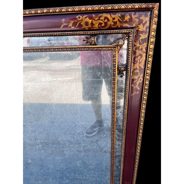 Wood Large 1980s Statement Mirror Red Chinoiserie Style Gilt Carved Wall Mirror For Sale - Image 7 of 8
