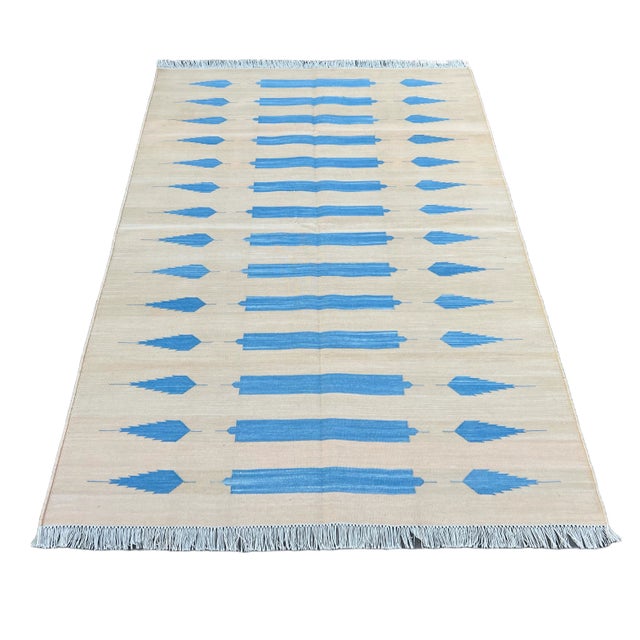 Not Yet Made - Made To Order Handmade Cotton Natural Vegetable Dyed Cream and Sky Blue Striped Rug - 8'x10' For Sale - Image 9 of 11