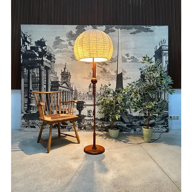 Large Height-Adjustable Teak Floor Lamp with Brass Details and Wool Lampshade from Temde Leuchten, 1960s For Sale - Image 14 of 18