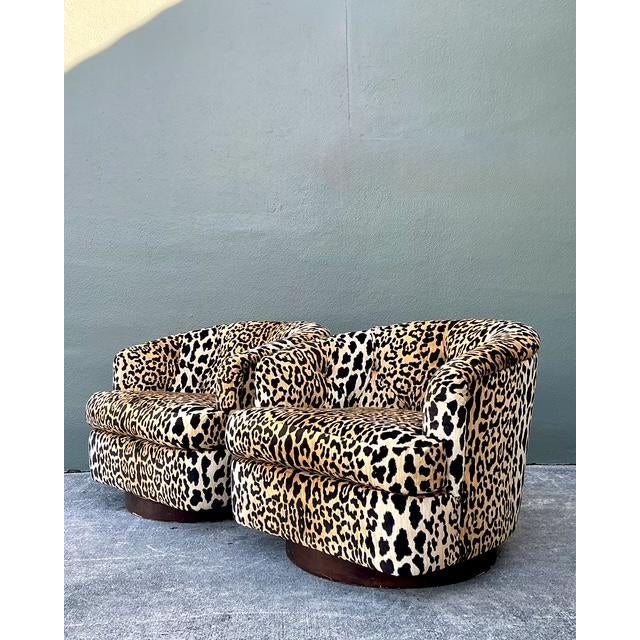 Wood Vintage Thayer Coggin Tufted Leopard Velvet Swivel Chairs - A Pair For Sale - Image 7 of 12