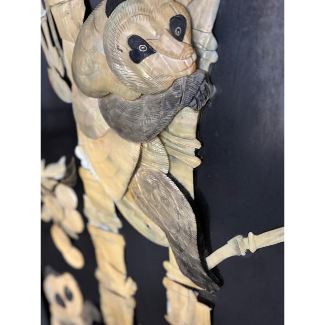 Wood Early 19th Century Large 4 Panel, Room Divider/ Work of Art. Carved Mother-of-Pearl on Ebony Enamel Wood Depicting Family of Pandas. For Sale - Image 7 of 9