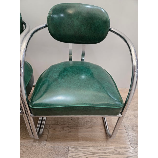 Art Deco Mid 20th Century Art Deco Accent Chairs - Pair - Chrome and Green - Attributed to Kem Weber for Lloyd’s Manufacturing For Sale - Image 3 of 18