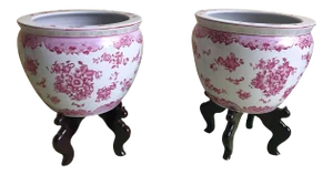 Late 20th Century Chinese Porcelain Fish Bowl Planters on Stands - a Pair