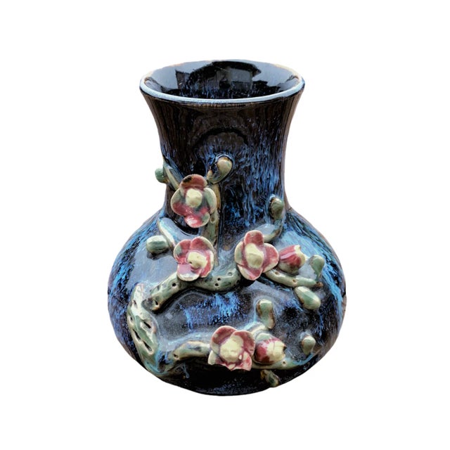 Vintage Blue Drip & Floral Chinese Pottery Vase For Sale - Image 12 of 12