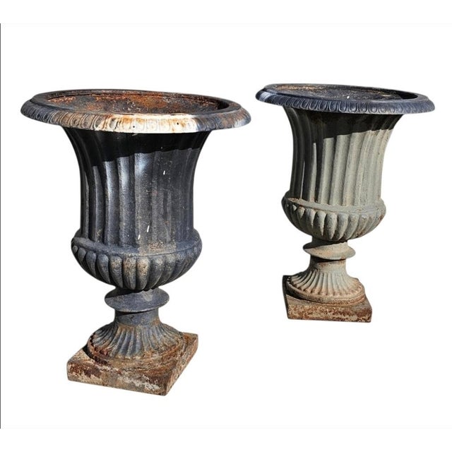 Antique Classical Cast Iron Garden Urn Planters a-Pair For Sale - Image 15 of 18