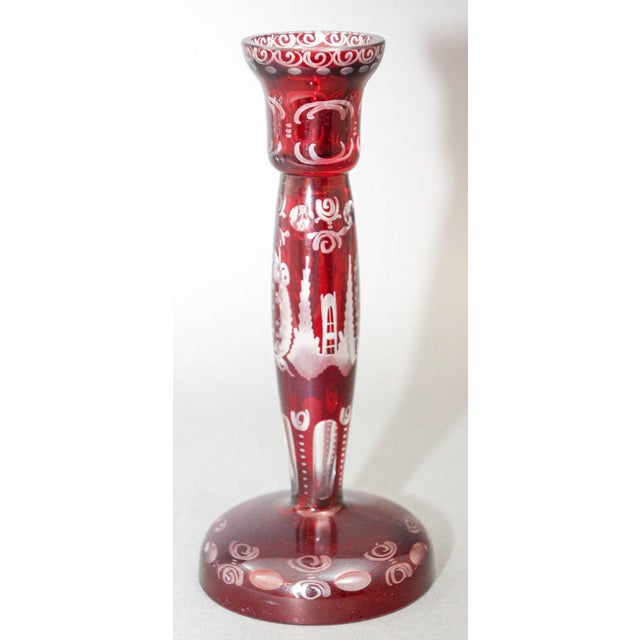 Red Egermann Bohemian Ruby Red Cut to Clear Crystal Glass Candlestick 1960s For Sale - Image 8 of 12