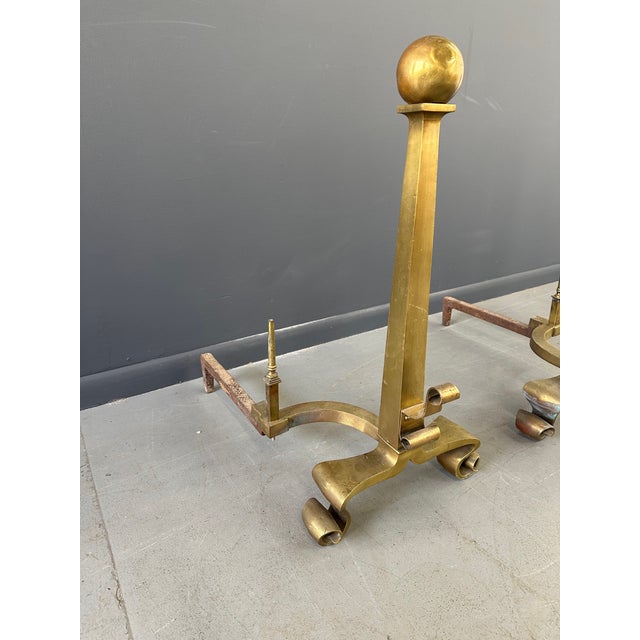 Set of 2 Antique Brass Columnar Andirons With Cannonball Finial For Sale In Philadelphia - Image 6 of 10
