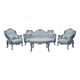 1970s French Provincial Living Room Set | Hand Carved Baroque Sofa & Armchairs | Blue and Rose Gold Ornate Tufted 4-Piece Set For Sale