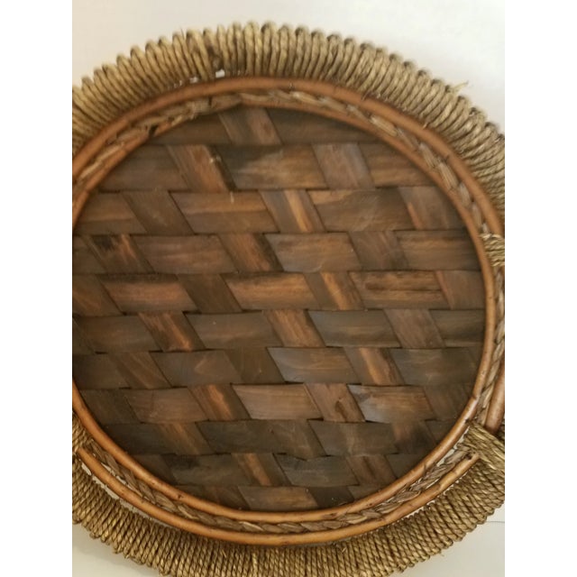 Vintage porcelain five section vegetable and covered dip bowl W/ bamboo and rattan two handled holder. The bottom is wood....