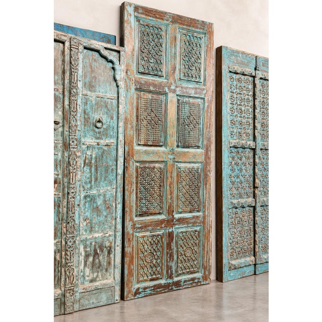 Antique Blue Carved Reclaimed Wood Barn Door – Vintage Architectural Accent 96x36 For Sale - Image 9 of 10