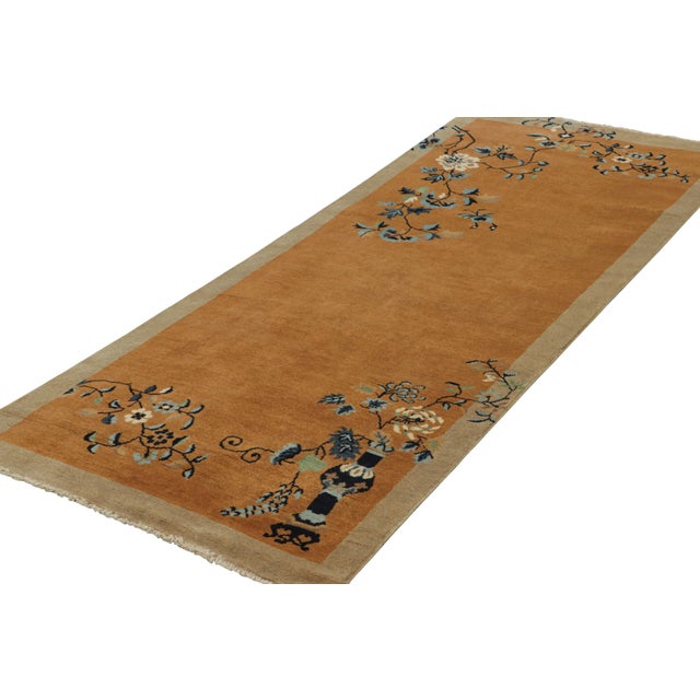 Rug & Kilim Rug & Kilim’s Chinese Art Deco Style Runner Rug, Amber Gold With Floral Patterns For Sale - Image 4 of 7
