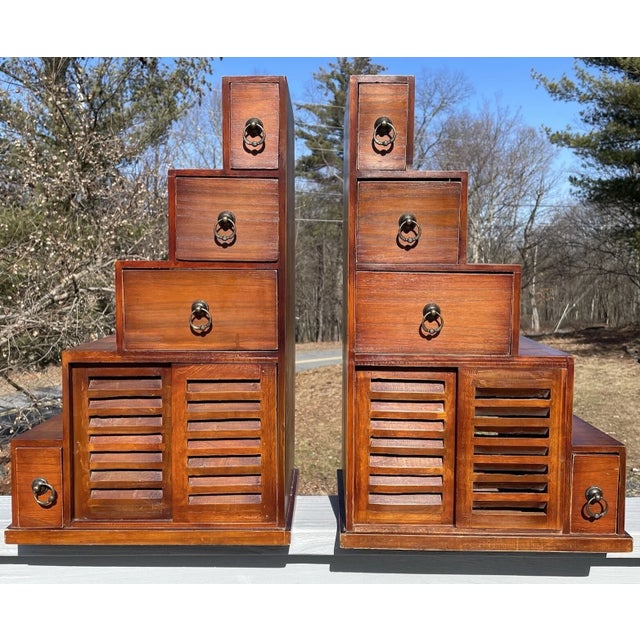Brown Pair of Vintage 20th C. Dovetailed Tansu Step Wooden Shelves Asian Art For Sale - Image 8 of 18