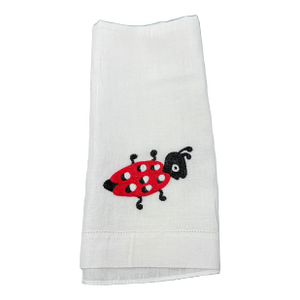 Vintage White Madeira Linen Embroidered Ladybug Finger Tip Guest Towel