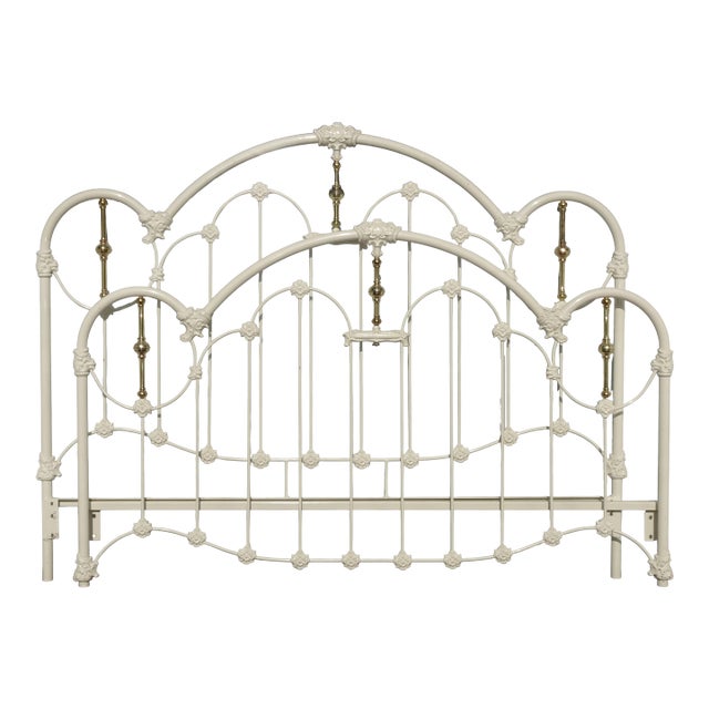 Vintage French Elliott's Designs White & Gold Iron Queen Headboard W Footboard For Sale