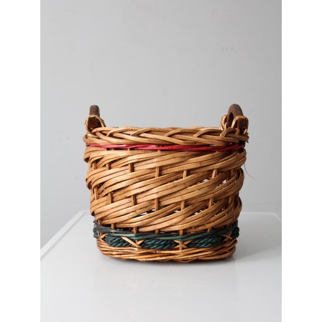 Vintage Woven Basket With Red and Green Bands For Sale - Image 4 of 9