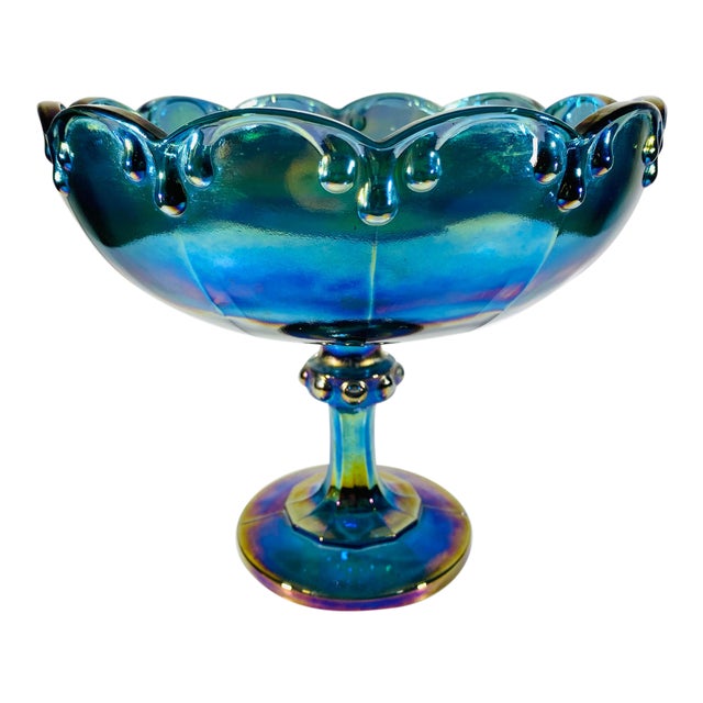 Vintage Indiana Iridescent Blue Carnival Glass Peacock Pedestal Large Bowl Compote Teardrop Garland Pattern with Scalloped Edges Vintage Indiana Iridescent Blue Carnival Glass Peacock Pedestal Large Bowl Compote Teardrop Garland Pattern with Scalloped Edges