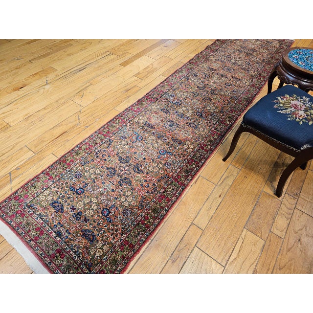 19th Century Persian Kerman Lavar Runner Rug, Hand-Knotted Wool, Allover Floral Design, Rust-Red & Green, 3x12 For Sale - Image 4 of 16