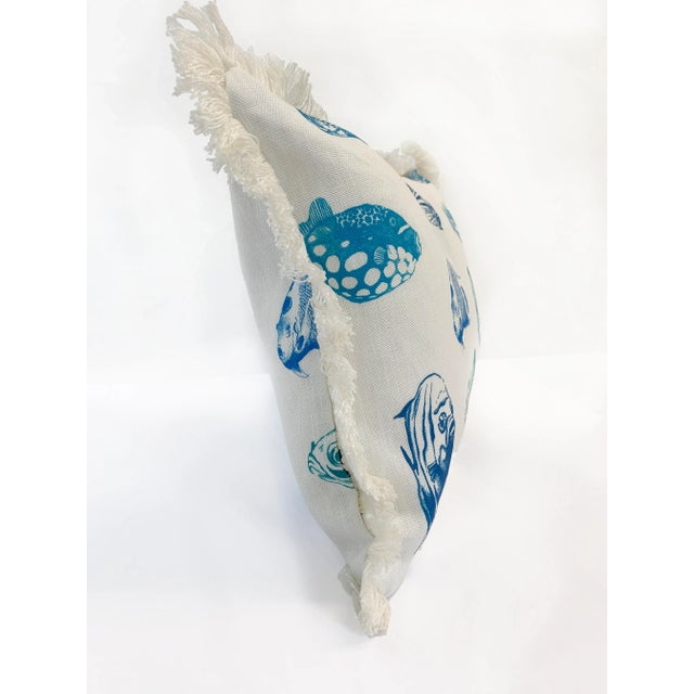 Illustration Artisan “Fish” Turq/Blue Colorway, Sustainably Hand Printed on Linen Lumbar Pillow Cover For Sale - Image 3 of 12