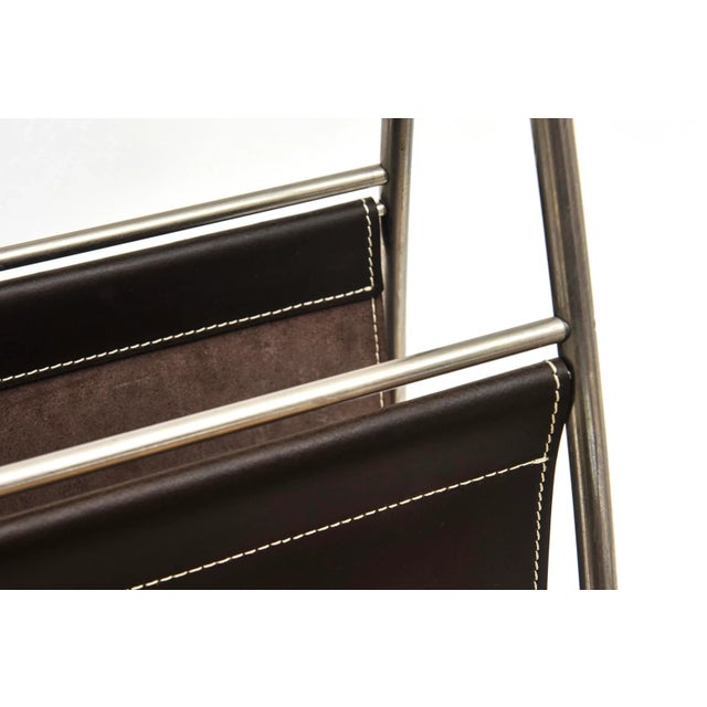 Metal Modern Swing Brown Stiched Leather, Stainless Steel and Rubber Feet Magazine Stand For Sale - Image 7 of 12