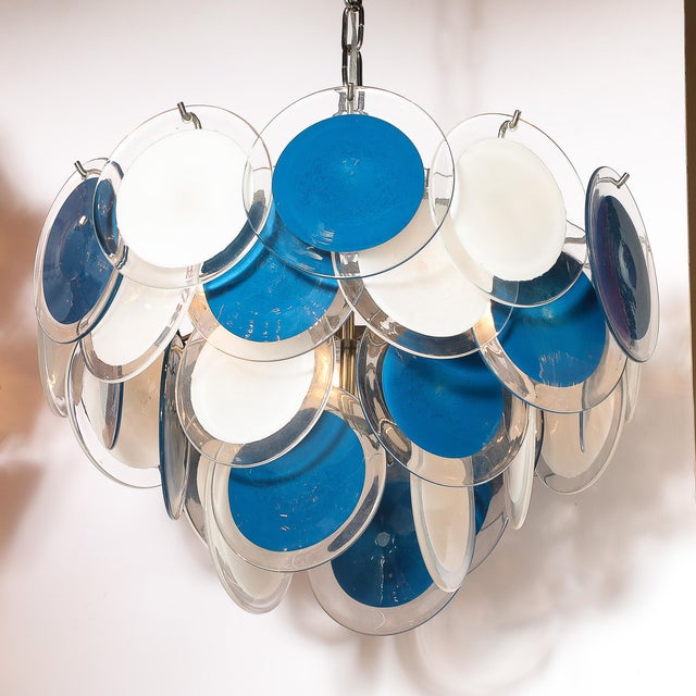 2020s Modernist Four-Tier White & Cerulean Murano Glass Disc Chandelier For Sale - Image 5 of 12