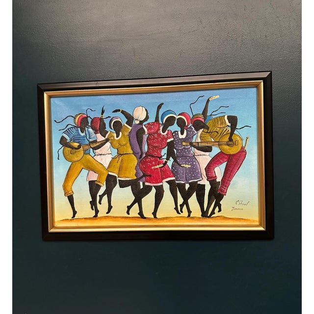 Original jamaican oil on canvas – “dancing figures with instruments” by r. Shaw – signed – vintage & framed – 77 × 53 cm...