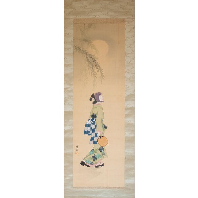 Fine antique large silk Bijin-ga (a term for paintings of beautiful women), silk scroll painting of a Beauty, wearing...