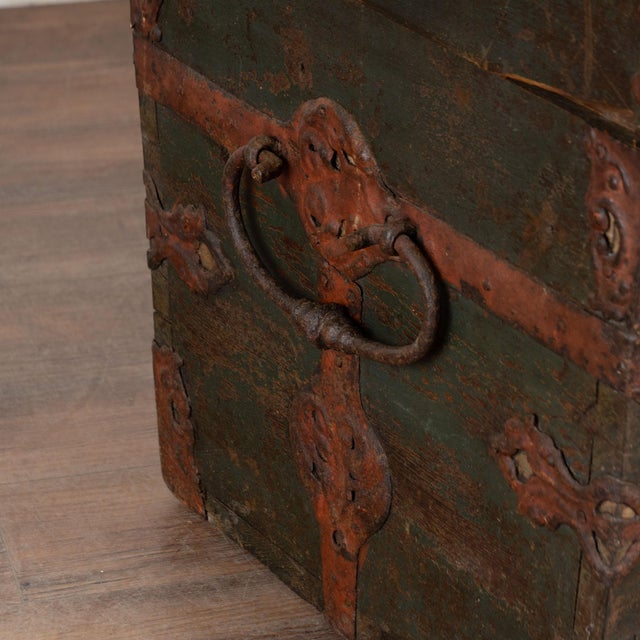 Large Swedish Oak Trunk With Original Green Painted Finish, Dated 1785 For Sale - Image 13 of 18