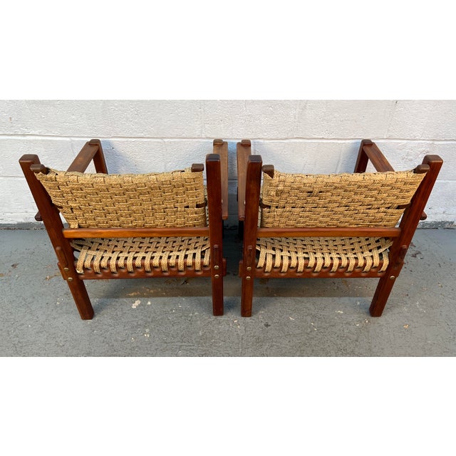 Brown Pair of Mid-Century Teak Danish Woven Raffia Lounge Chairs For Sale - Image 8 of 10