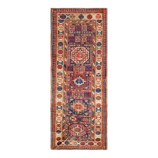1890s Blue Navy Geometric Tribal Antique Caucasian Kazak Rug 4' X 10'5" Handknotted Wool Carpet For Sale