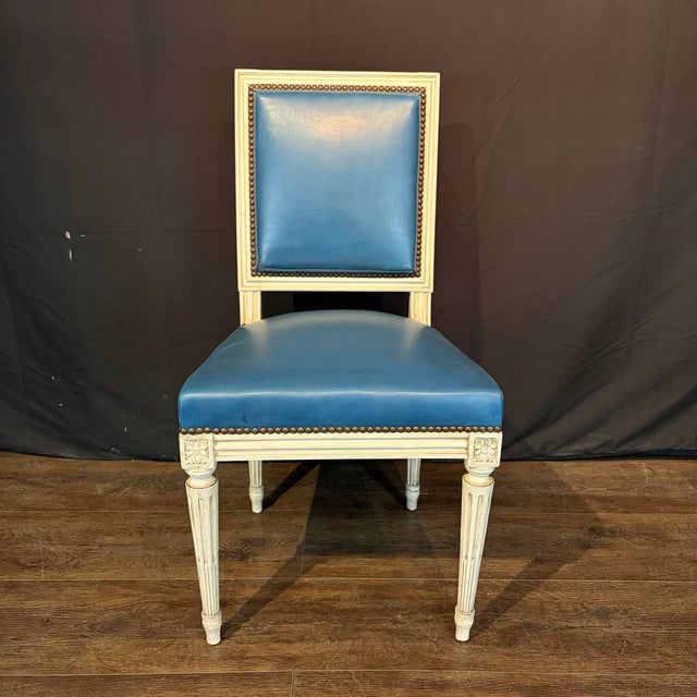 1920s French Louis XVI White Painted Blue Leather Dining Chairs -Set of 8 For Sale - Image 5 of 12